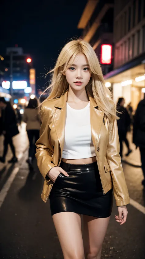 Close up A woman blonde hair wearing jacket and mini skirt walking on the night city 