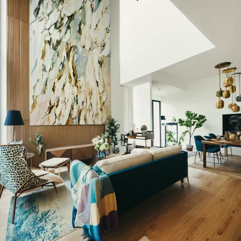 there is a large painting on the wall above a couch in a living room, taken with sony a7r camera, interior of a living room, living room with split levels, high ceiling, placed in a large living room, well-designed masterpiece, very tall ceilings, with bac...