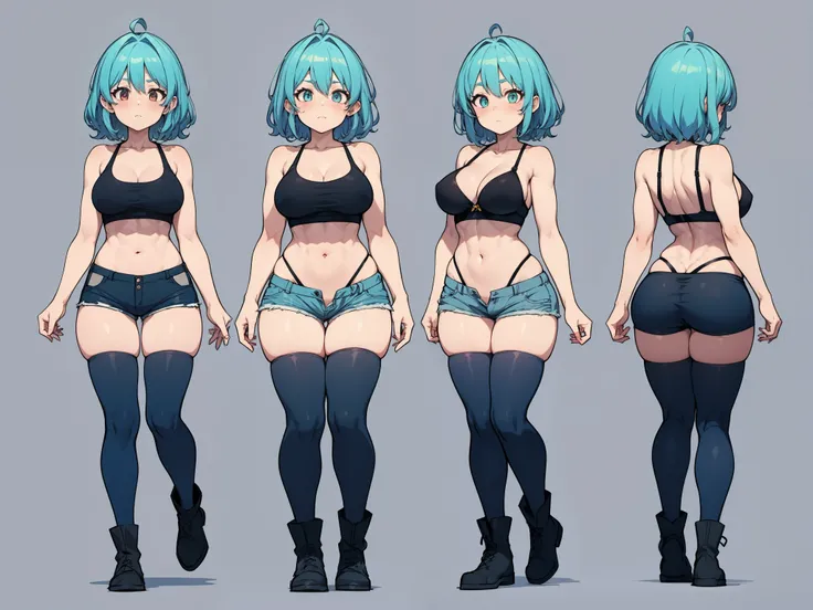 Adult goblin woman, light green skin, turquoise blue hair, long shapely and muscular legs, small waist, huge breasts, tight shorts, high stockings, tank top, black bra, boots, 8k, hd, masterpiece, full body, white background, character sketch in various pe...