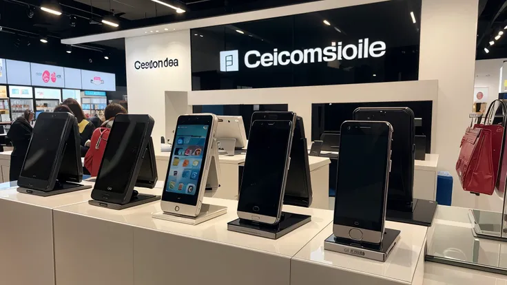 Mobile phones on display at a mobile phone store