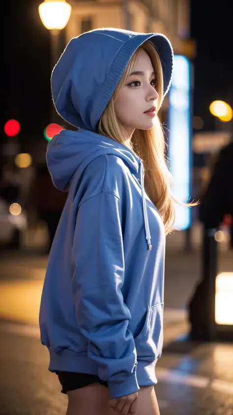 Close up A woman blonde hair wearing Hoodie walking on the night city 