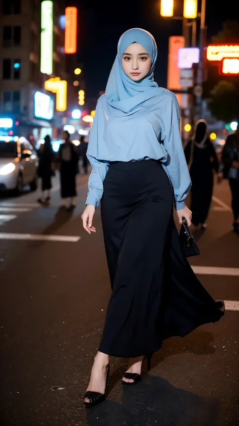 Close up A woman hijab style walking on the night city with a long skirt 