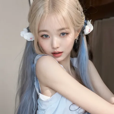 Chica de cabello rubio con cabello azul y cola de caballo., pelo liso azul cielo, Anime Girl Cosplay, peinado de corte hime blanco, con el pelo largo y blanco, inspirado en anime, dulce conejita ultrarrealista, pelo de dos colores, chica anime en la vida r...