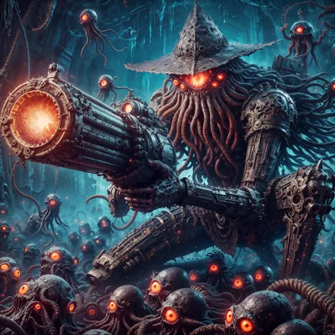 Resident evil,dark soul boss, Bloodborne,Lovecraft evils, monster, fantasy, dark, Smokey, many eyes, many tentacles, cloud like, floating, realistic, terrifying, otherworldly, destructive, pitch-black, holding a railgun made of bones, bloodstained,many mou...