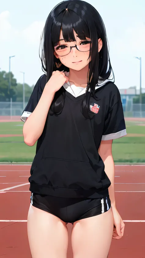 ((((((1 girl))))))(((Sunny　schoolyard))athletics stadium)))、high school girl、(red gym shorts)、flat chest、small ass、sober、low length、((((long bangs hide the eyes:1.5))))、((freckles))、(((long black hair:1.4)))　(((hair band)))(((black rim glasses:1.2　black ey...