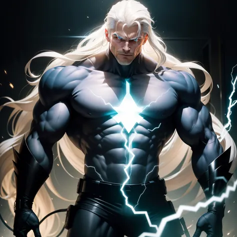 A towering figure of a man with long, flowing white hair and a massive frame hides an extraordinary secret. His body holds the power of electricity within it, an ability that sets him apart from others. When the tension builds up in his muscles, sparks fly...