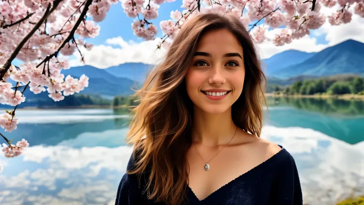 Instagram pictures, 1French Girl, Shoulder length hair, with light blonde hair, Close-up photo, The background is the lake Kawaguchiko with cherry blossom, Japan, smile a little,