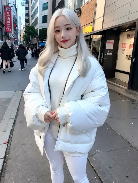 realistic, High resolution, 1 female, glowing skin, alone, wide lips,long hair,wavy hair,saggy breasts,small face,white hair,Color Contacts,White down jacket,Takeshita Street streetscape,smile,Turtleneck sweater,Full body coordination,K-pop Idol