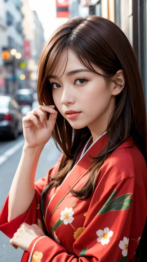 highest quality, 8K, masterpiece: 1.3)), sharp focus: 1.2, beautiful woman with perfect style: red kimono, (dark brown hair, big: 1.2)), (Natural light, city street: 1.1), Highly detailed face and skin texture, fine eyes, double eyelid, Close your eyes and...