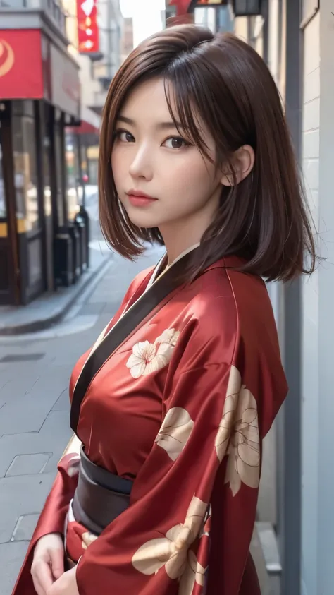 (highest quality, 8K, masterpiece: 1.3)), sharp focus: 1.2, beautiful woman with perfect style: red kimono, (dark brown hair, big: 1.2)), (Natural light, city street: 1.1), Highly detailed face and skin texture, fine eyes, double eyelid, Close your eyes an...