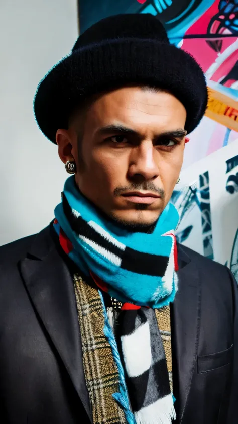 Painting of cat in hat and scarf, trendy in art station, punk dressed, detailed hyper-realistic rendering, British gang members, street style, intimidating pose, planet of cats, trendy clothes, urban samurai, meow, western slavic features, 8 1 5