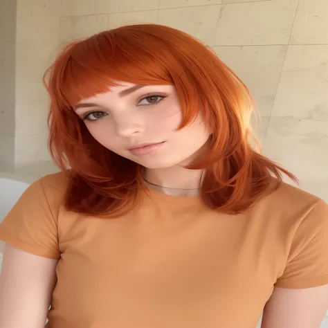 un primer plano de una mujer pelirroja y una camisa color canela, el corte de hime, pelo naranja, flowing pelirrojo, neat hair con flequillo, bright pelo naranja, cabello cobrizo, pelirrojo, cabello rizado color cobre, coral brown hair, con flequillo, cabe...