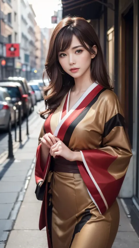 (highest quality, 8K, masterpiece: 1.3)), sharp focus: 1.2, beautiful woman with perfect style: red kimono, (dark brown hair, big: 1.2)), (Natural light, city street: 1.1), Highly detailed face and skin texture, fine eyes, double eyelid, Close your eyes an...