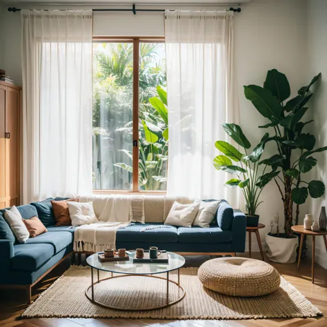 This is a living room where modern minimalist style blends with Southeast Asian culture. Clean lines combined with natural materials create a pleasant and relaxing atmosphere. Bright light streams in through the gauze curtain, casting the silhouette of gre...