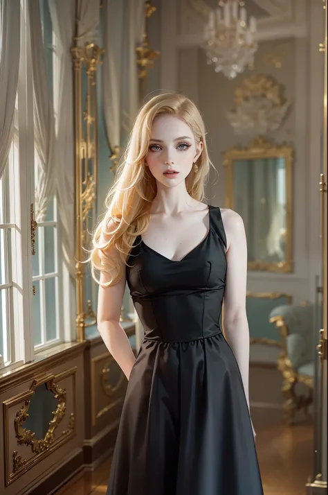 there is a woman that is standing in a room with a black dress, pale fair skin!!, with pale skin, young beautiful amouranth, ivory pale skin, pale glowing skin, soft flawless pale skin, amouranth, pale ivory skin, better known as amouranth, soft pale golde...