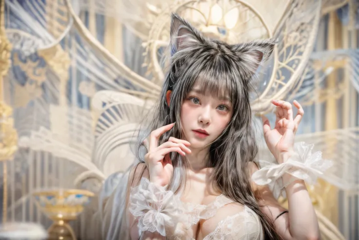 masterpiece、highest quality、cinema、(Detailed both eyes)、(cute japanese woman、bangs:1.3)、23 years old、1 girl、elegant、black hair、cyber punk、Van Gogh style、(auraroid photo:1.4)、(Cat ear、cosplay、sexy lingerie:1.4)、Poland