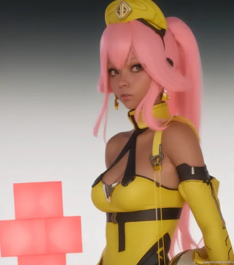 there is a woman with pink hair and a yellow outfit, render of a cute 3d anime girl, rendered in sfm, lovely brigitte from overwatch, epic 3 d oshun, pink and yellow, brigitte from overwatch, 3d anime girl, pink iconic character, senna from league of legen...