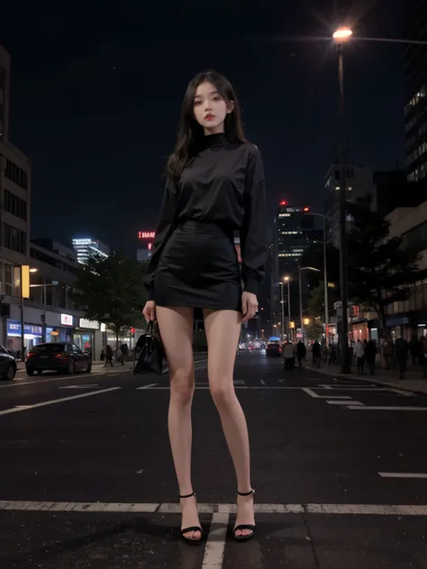 Street at night, CBD building, long legs, fair skin, long black hair, facing the audience, full body shot, wearing a sexy mini skirt