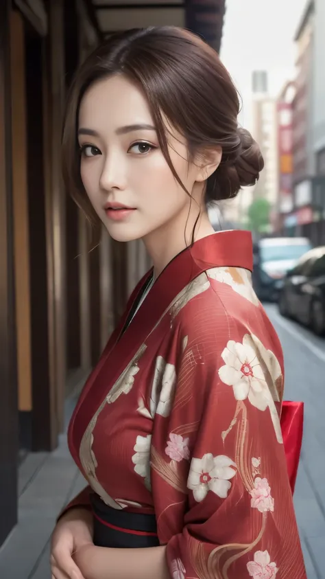 ((highest quality, 8K, masterpiece: 1.3)), sharp focus: 1.2, beautiful woman with perfect style: sexy red kimono, (dark brown hair, big: 1.2)), (Natural light, city street: 1.1), Highly detailed face and skin texture, fine eyes, double eyelid, Close your e...