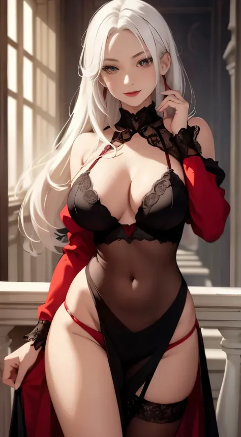 young woman, white hair, red lipstick, sweet smile, medium breasts, open shoulders, open belly, long sleeves, black lace lingerie, Masterpiece, high quality, wide hips, micro-string,  panty hose, dark background, perfect eyes, tan lines, hand on hip, red a...