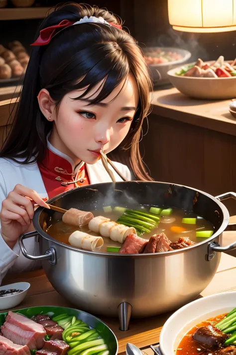 best quality，a girl eating，Detailed face，There is a Chinese hotpot in the front，Fat cattle，lamb leg，Green vegetables，There is a lot of meat on the table