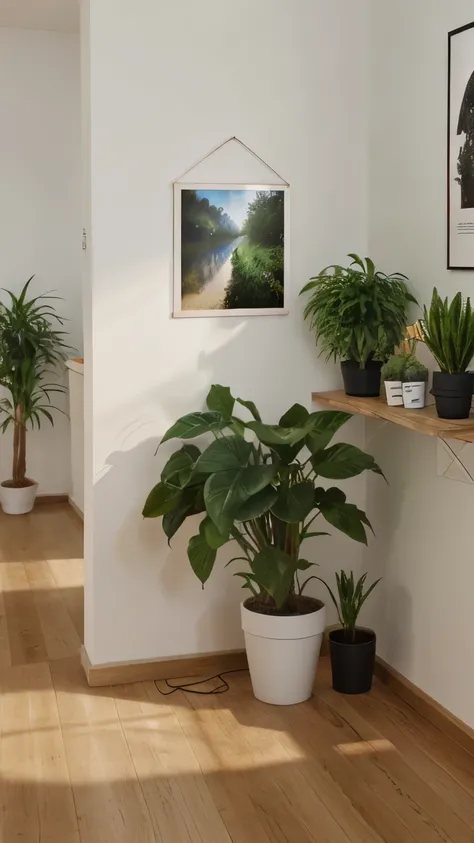 a well lit room with sun reflections in the room with a poster frame in the middle of a blank white wall with many plants on the left side and right that are hung, potted, or standing. A wooden floor too and a front view