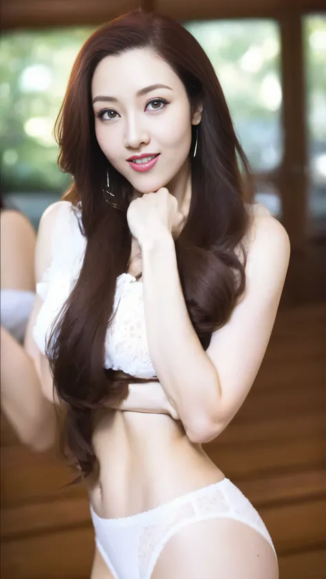 nice images，clear focus，perfect brown eyes，bright red lips，long hair，Home，Look head-on，full pose，wonderful faces..，It looks beautiful。，(((White hollow sexy underwear)))，extra focus，Radiant face，facial details，8K resolution，