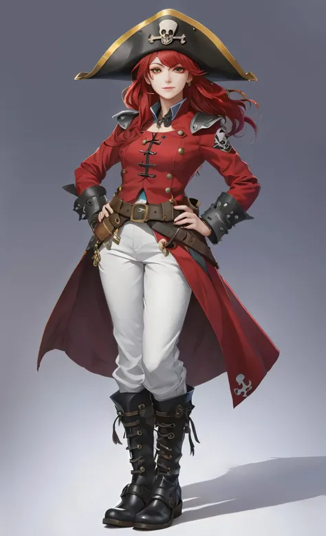 red gambeson closed by black straps with silvery light blue buckles that covers down to knees, woman, beautiful, red hair, yellow eyes, feathered tricorn hat with large skull and crossbones on it, white linen pants, black leather boots, Hololive style, Mar...