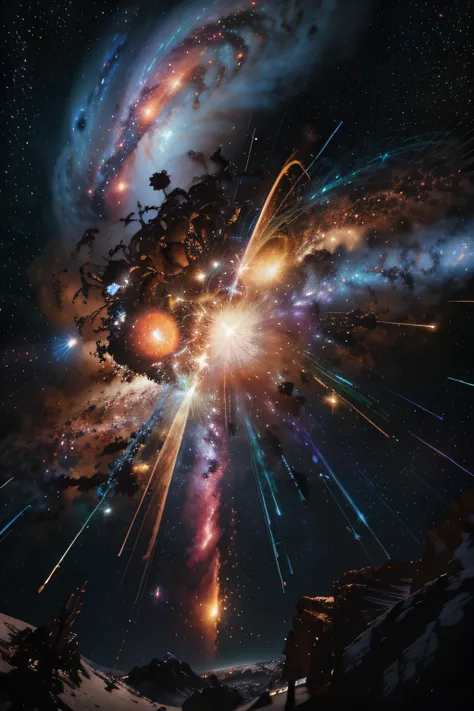 (melhor qualidade,realista,colori:1.2),galactic collision,Cosmic explosion,cores vibrantes,nebulosas,Super Nova,Detritos estelares,aglomerados de estrelas,galaxies rendered in detail,caos interestelar,beautiful cosmic chaos,cosmic dance of the galaxies,int...