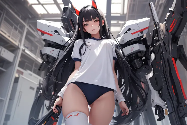 (highest quality)), ((masterpiece)), (very detailed: 1.3), 3D, {(1 young girl)}, (wear navy buruma and white gym uniform with colored hem under armor:1.3), (black hair:1.5), (She is fused with futuristic Gundam mecha:1.3), with headgear, with v-fin , armor...