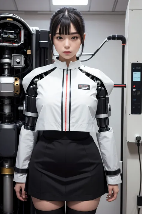 masterpiece, best quality, extremely detailed, Japaese android girl,Plump , control panels,android,Droid,Mechanical Hand, Robot arms and legs, Black hair,Blunt bangs,perfect robot girl,long tube,thick cable connected her neck,android,robot,humanoid,cyborg,...