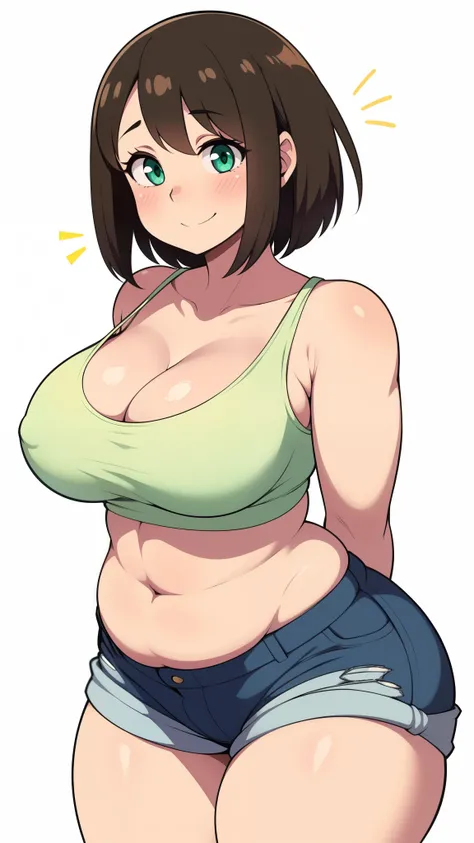 ((highres)), Masterpiece, high quality, best quality, beautiful, perfect lighting, detailed face, ultra cute face, ((1girl)), ((solo)), (blush), smiling, short brown hair, fluffy hair, green eyes, crop top, jean shorts, white background, (large breasts), c...