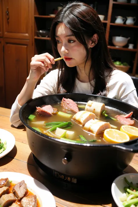 best quality，a girl eating，Detailed face，There is a Chinese hotpot in the front，Fat cattle，lamb leg，Green vegetables，There is a lot of meat on the table