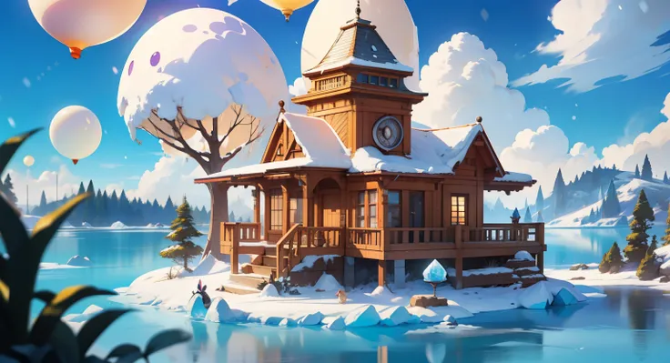 Cartoon style game scene, world made of ice, factory, Rabbit shape，Childlike and joyful atmosphere, The entire picture is dominated by bright colors, Bright colors, (ice cubes构成的建筑), ((cute)), (ice cubes), close-up ice river, cartoon cute ice and snow, Cas...