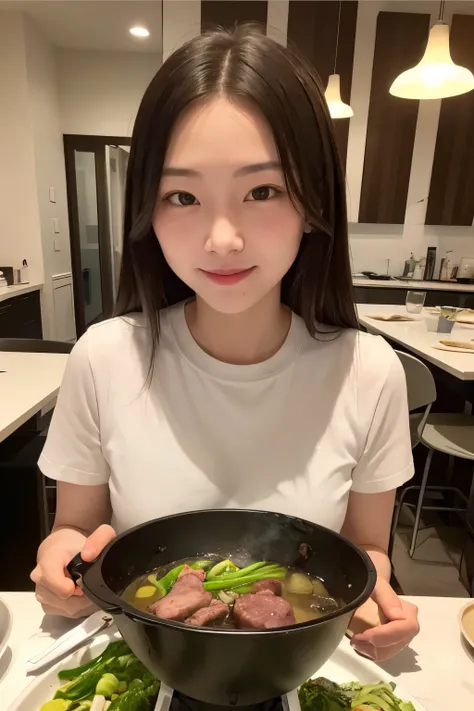 best quality，a girl eating，Detailed face，There is a Chinese hotpot in the front，Fat cattle，lamb leg，Green vegetables，There is a lot of meat on the table