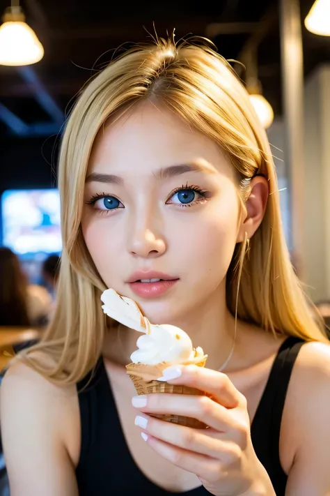 ((highest quality)), ((masterpiece)), (become familiar with), perfect face,indoor,Eating soft-serve ice cream，blonde，gal，Japanese