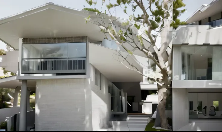 color photo of a modern and minimalist grey-colored Midcentury home. The house exudes an elegant and sophisticated vibe with its sleek lines, clean design, and neutral color palette. The exterior of the home is painted in a beautiful shade of grey, which p...