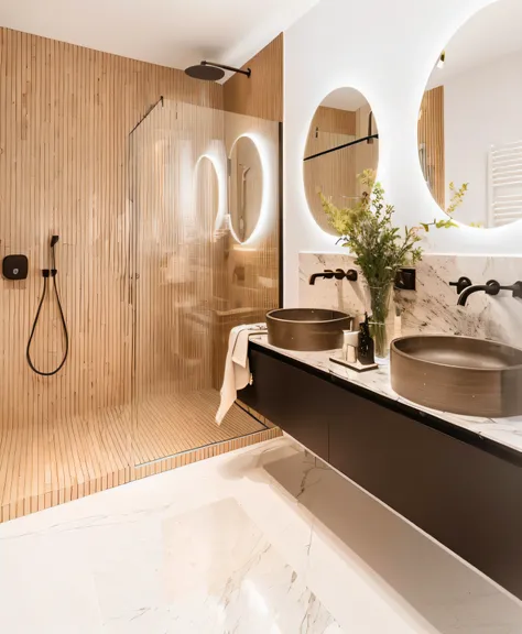 a closeup of a bathroom with a sink and a shower, banheiro moderno, design de banheiro premium, marble and wood and glass, Directed by: Konrad Witz, ouro e materiais de luxo, visual moderno, mirror and glass surfaces, arredores detalhados, smooth marble su...