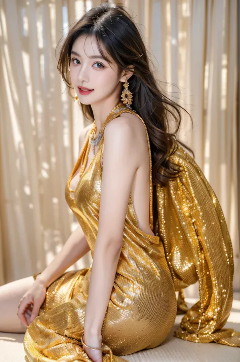 (best quality,highres),beauty asian woman,wearing gold sexy clothes,happy face,beautiful detailed eyes,beautiful detailed lips,shiny golden outfit,glamorous style,flowing long hair,confident pose,vibrant colors,warm lighting,soft focus,studio photography