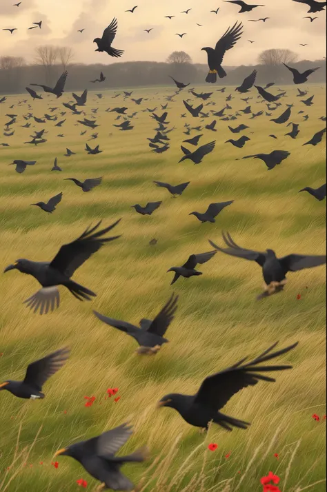 Black crows flying and hopping across the ground amongst dead WWI soldiers bodies, dead grass in a field.