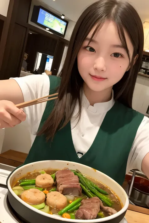 best quality，a girl，Detailed face，There is a Chinese hotpot in the front，Fat cattle，lamb leg，Green vegetables，Meat on the table