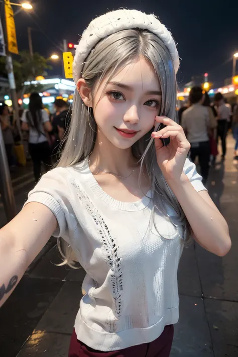 ((silver hair)),long hair,very small ,smile,((Bangkok)),((Khaosan)),Thailand Travel,wet hair,night,white shirt,white knit hat,Looks like it was taken with a selfie stick