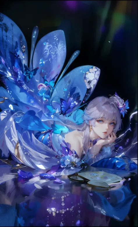 There is a woman in a blue dress，There is a butterfly on the head, xianxia fantasy, Close-up fantasy of water magic, 4K detail fantasy, beautiful fantasy queen, Chinese fantasy, Complex and gorgeous anime CGI style, ((beautiful fantasy queen)), 8k high qua...