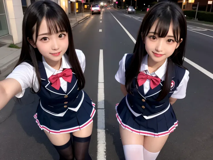 high angle shot、center view、Two arafe asian women in short skirts and bow ties standing on neon street in the middle of the night、Phenomenally cute 、japanese girl uniform、summer clothes、Wearing Japanese school uniform、japanese school uniform、surreal 、dress...