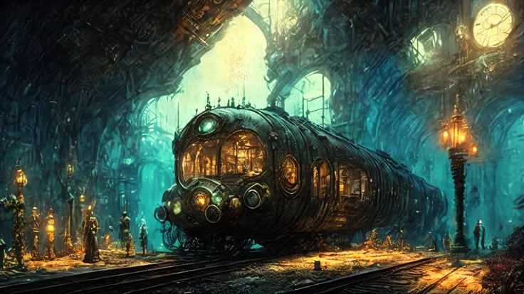 A picture of a train passing through an underwater tunnel, an Underwater city, Underwater city, steampunk ancient city, Deep Sea Cyberpunk, Inspired by John Atkinson Grimshaw, a steampunk city, bioshock concept art, Bioshock style, inside an underwater tra...