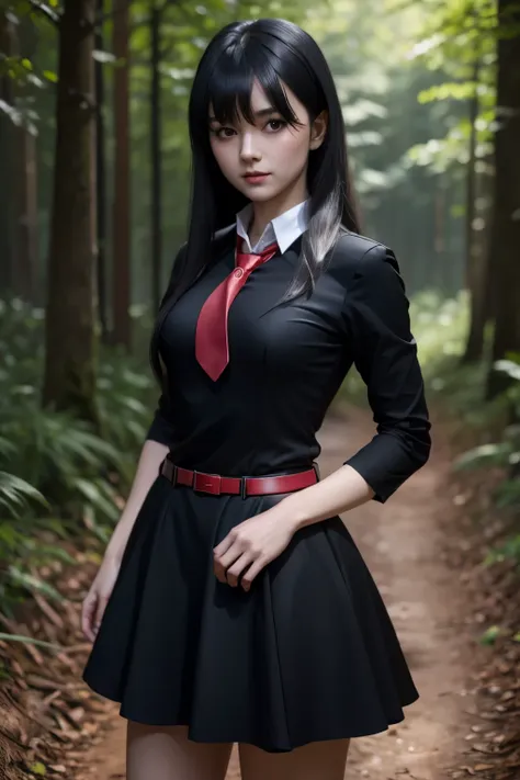 beautiful girl in black dress with red collar and long red tie, black short skirt, red waist belt,long black bangs red eyes, sta...