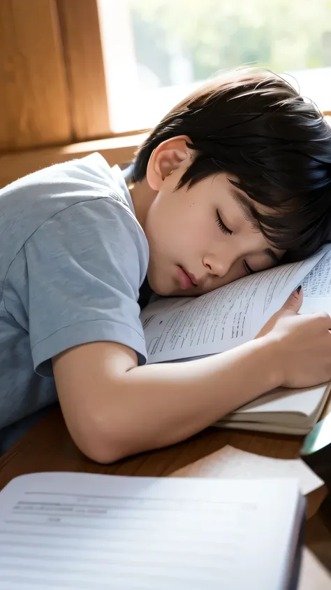 Son peacefully sleeping, clutching his homework close.
Background: Gentle lighting to convey innocence and vulnerability.