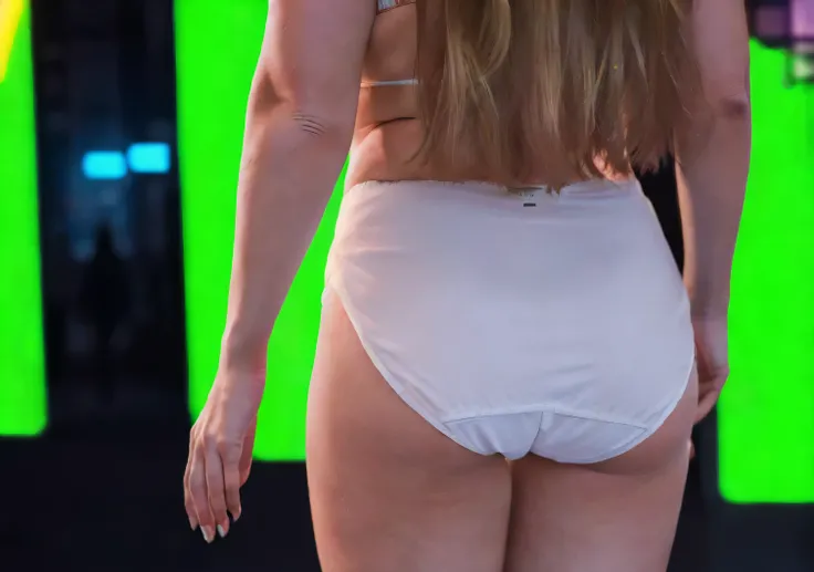 ((((masterpiece, best quality)))), ((32 year old)), (((Buff))), (((Curvy))), ((Norwegian woman with long blonde hair)), in ((white bra)), (((white cotton panties))), (((standing in cyberpunk city))), (((back towards the camera))), ((large Buttocks)), (((ph...