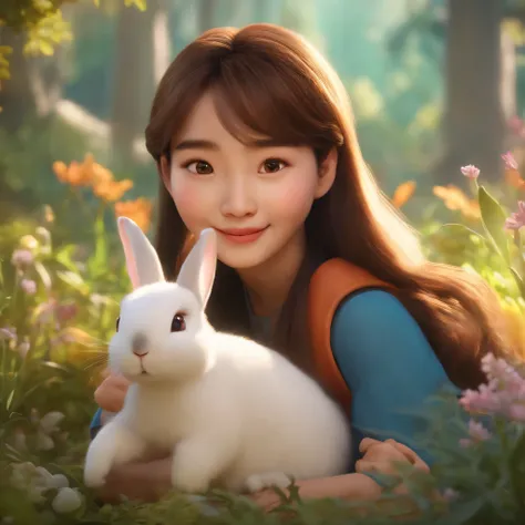 movie image quality, kpop actress lisa with a rabbit, Disney animation, Disney animation style, Disney movie animation, 3D movies, Chinese style, explorer rabbit, walking through the colorful forest, with his animal friends, HD, childrens painting, depth o...