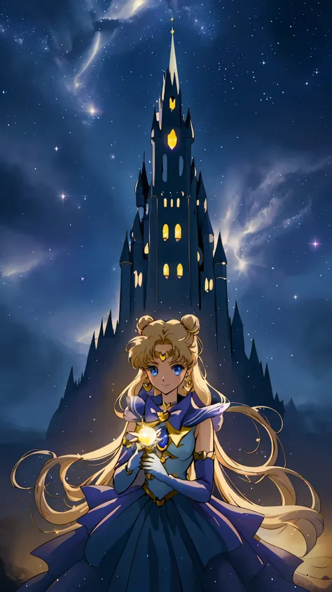 fantastical starry sky, magical girl waving her magic wand, illuminating the world, warming hearts, starry castle, sense of myst...